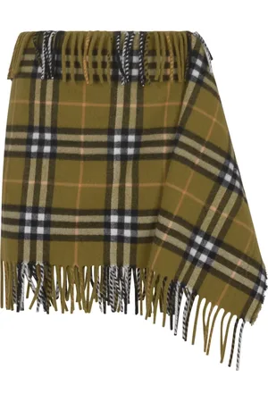 Burberry Spódnice, Kobieta, Zielony, S, Kaszmir, Spódnica Wełniano-Kaszmirowa w Kratę z Frędzlami
