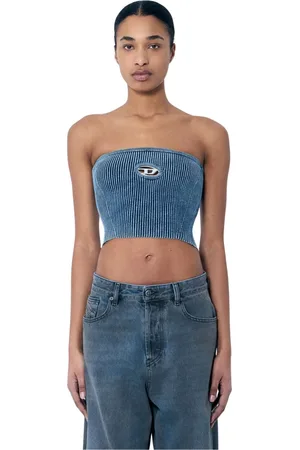 Diesel Koszulki, Kobieta, Niebieski, L, Bawełna, Rib Bustier z Motywem Logo