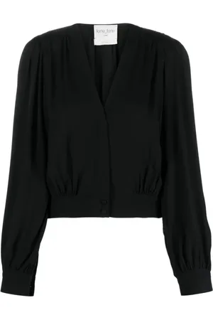 FORTE FORTE Bluzki, Kobieta, Czarny, L, Elegancka Czarna Bluzka z Krepy