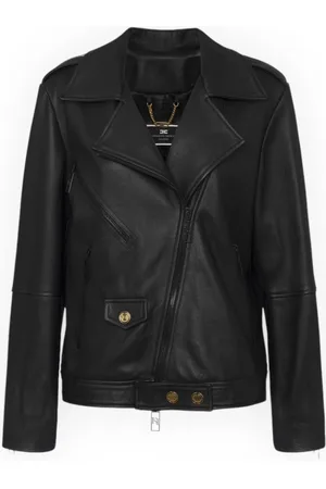 Elisabetta Franchi Kurtki, Kobieta, Czarny, S, Skóra, Skórzana kurtka motocyklowa w stylu oversize z efektem użycia