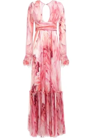 Roberto Cavalli Sukienki, Kobieta, Różowy, M, Długa Sukienka z Nadrukiem Piór Fuchsia