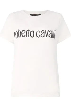 Roberto Cavalli Koszulki, Kobieta, Biały, L, Koszulka z Wytartym Logo z Bawełny