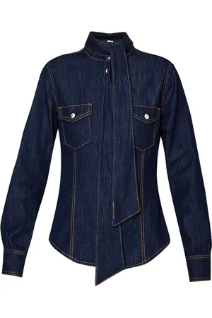 Liu Jo Bluzki, Kobieta, Niebieski, L, Denim, Denimowa koszula z wiązaniem przy szyi
