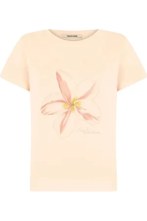 Roberto Cavalli Koszulki, Kobieta, Beżowy, L, T-shirt z kwiatowym nadrukiem i okrągłym dekoltem