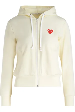 Comme des Garçons Bluzy, Kobieta, Beżowy, S, Poliester, Bluza z kapturem zapinana na zamek z czerwonym sercem