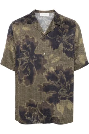 DRIES VAN NOTEN Koszule, Mężczyzna, brązowy, XL, Satyna, Satynowa koszula z nadrukiem graficznym