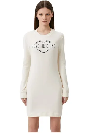 Moschino Sukienki, Kobieta, Biały, S, Bawełna, Elegancka biała sukienka z mieszanki bawełny z metalicznym logo