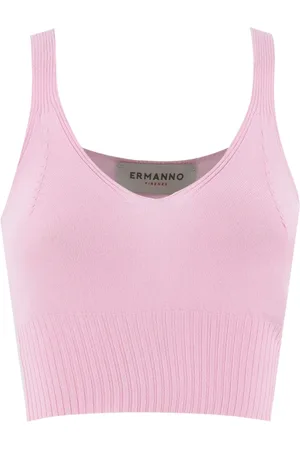 ERMANNO SCERVINO Koszulki, Kobieta, Różowy, S, Top z prążkowanej dzianiny z dekoltem w serek