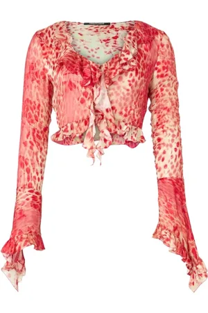 Roberto Cavalli Bluzki, Kobieta, Czerwony, S, Jaguar Skin Print Ruffle Crop Top