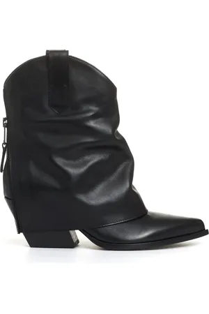 Elena Iachi Buty, Kobieta, Czarny, 38 1/2 EU, Skóra, Czarne Skórzane Botki Kowbojki z Wywiniętą Cholewką