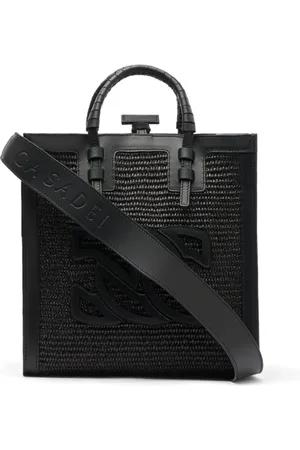 Casadei Torebki, Kobieta, Czarny, ONE SIZE, Skóra, Czarna torebka typu tote z rafii ze skórzanymi detalami
