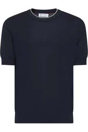 Brunello Cucinelli Swetry, Mężczyzna, Niebieski, 2XL, Bawełna, Niebieski sweter z okrągłym dekoltem i krótkim rękawem