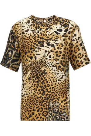 Roberto Cavalli Koszulki, Kobieta, brązowy, 2XS, T-shirt z nadrukiem skóry jaguara