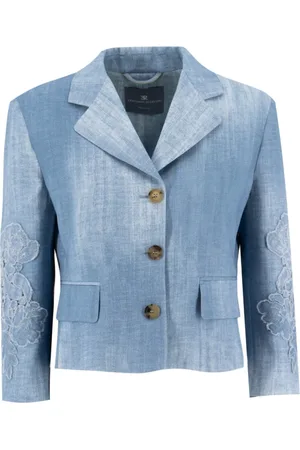 ERMANNO SCERVINO Kurtki, Kobieta, Niebieski, M, Denim, Żakiet z aplikacjami kwiatowymi o efekcie denimu