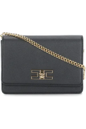 Elisabetta Franchi Torebki, Kobieta, Czarny, ONE SIZE, Skóra, Czarna Torebka Pochette na Ramię z Łańcuszkiem