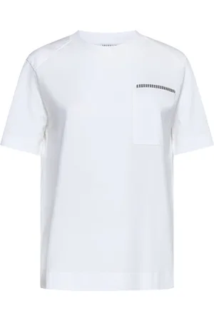 Brunello Cucinelli Koszulki, Kobieta, Biały, L, Bawełna, Bawełniany T-shirt z aplikacją Monile