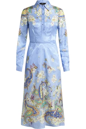 Etro Sukienki, Kobieta, Niebieski, XS, Błękitna sukienka koszulowa midi w kwiaty