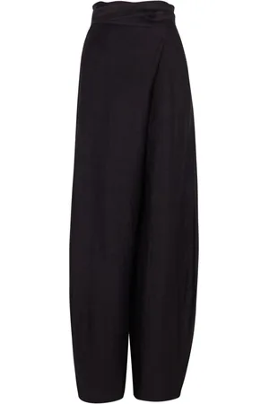 Cortana Spodnie, Kobieta, Czarny, 2XL, Len, Spodnie z wysokim stanem z lnu i jedwabiu
