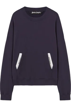 Palm Angels Bluzy, Mężczyzna, Niebieski, S, Bawełna, Bluza Crew-neck z taśmą