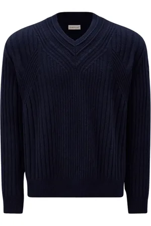 Moncler Swetry, Mężczyzna, Niebieski, XL, Granatowy Sweter z wełny z dekoltem w serek
