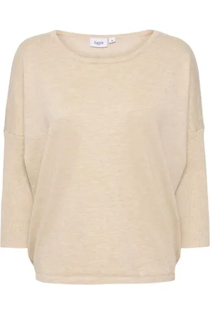 Saint Tropez Swetry, Kobieta, Beżowy, 2XL, R-Neck Pullover Sweter Jojoba Melange