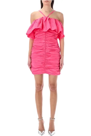 Msgm Sukienki, Kobieta, Różowy, XS, Poliester, Drapowana Sukienka Mini z Falbanami