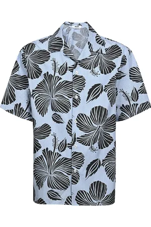 Msgm Koszule, Mężczyzna, Niebieski, M, Bawełna, Koszulka Bowlingowa w Hibiskusowy Wzór
