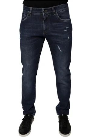 Dolce & Gabbana Jeansy, Mężczyzna, Niebieski, M, Ciemnoniebieskie Logo Skinny Distressed Jeansy