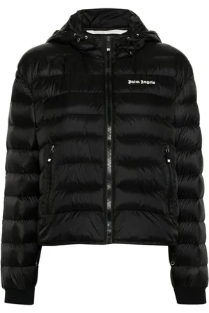 Palm Angels Kurtki, Kobieta, Czarny, L, Pikowany płaszcz z kapturem i nadrukiem logo