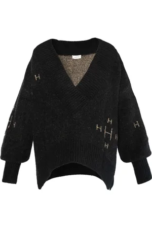 Hest Swetry, Kobieta, Czarny, L/XL, Wełna, Sweter z dekoltem w serek z grubej dzianiny