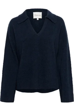 My Essential Wardrobe Swetry, Kobieta, Niebieski, S, Sweter z dekoltem w serek