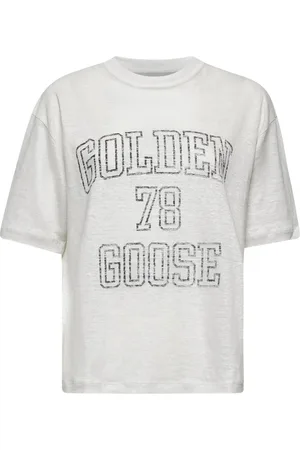 Golden Goose Koszulki, Kobieta, Biały, 2XS, Len, T-shirt z nadrukiem logo