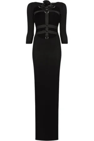 Roberto Cavalli Sukienki, Kobieta, Czarny, S, Sukienka Maxi z Uprzężą Ozdobioną Różami