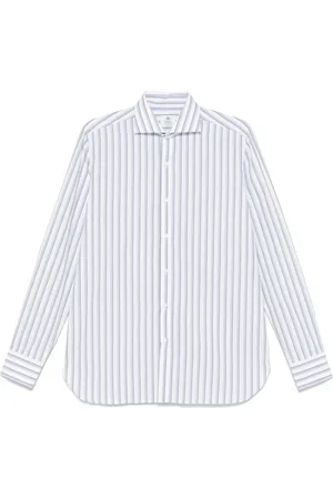 LUIGI BORRELLI NAPOLI Koszule, Mężczyzna, Niebieski, 4XL, Koszula w paski z bawełny, Made in Italy
