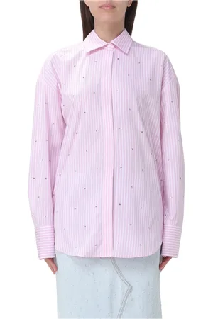 Msgm Bluzki, Kobieta, Różowy, S, Bawełna, Długa Koszula w Paski z Ozdobami