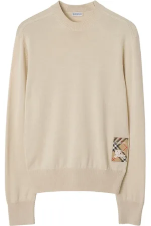 Burberry Swetry, Mężczyzna, Beżowy, L, Wełna, Sweter dziergany z okrągłym dekoltem i naszywką z logo