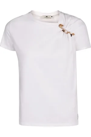 Elisabetta Franchi Koszulki, Kobieta, Biały, L, Dekoracyjna Broszka T-shirt z wiskozy