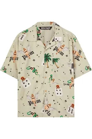 Palm Angels Koszule, Mężczyzna, Beżowy, L, Bawełna, Koszula z nadrukiem graficznym zapinana na guziki