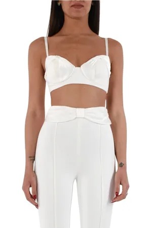 Elisabetta Franchi Koszulki, Kobieta, Biały, 2XL, Poliester, Satynowy Top z Kokardą z Krepy