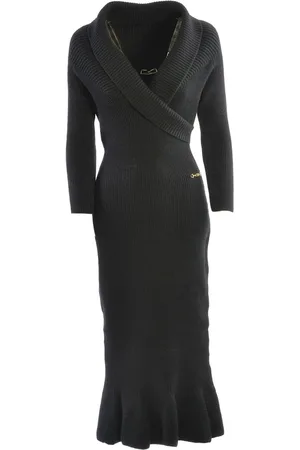 Elisabetta Franchi Sukienki, Kobieta, Czarny, M, Czarna Dzianinowa Sukienka ze Złotym Metalowym Detalem