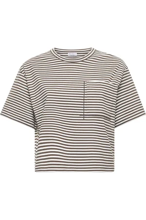 Brunello Cucinelli Koszulki, Kobieta, Wielobarwność, L, Bawełna, Bawełniany T-shirt w Paski z Kieszenią