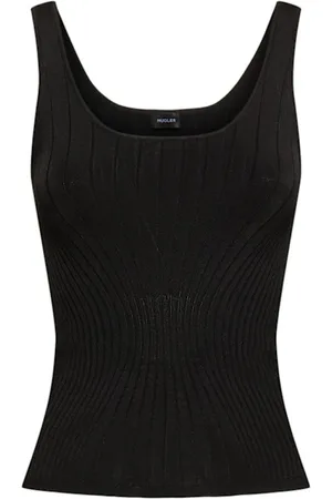 MUGLER Koszulki, Kobieta, Czarny, S, Nylon, Czarny prążkowany top bez rękawów z kwadratowym dekoltem