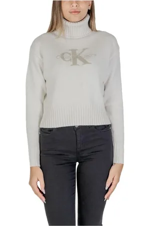 Calvin Klein Swetry, Kobieta, Beżowy, L, Len, Monogram Cream Cotton Turtleneck Sweater