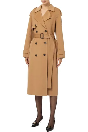 Elisabetta Franchi Płaszcze, Kobieta, brązowy, L, Wełna, Wełniany płaszcz typu trencz Camel