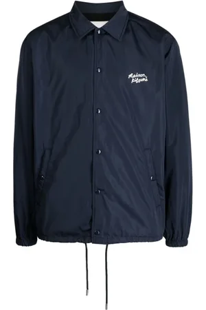 Maison Kitsuné Kurtki, Mężczyzna, Niebieski, L, Poliester, Kurtka koszulowa z haftowanym logo i ściągaczem