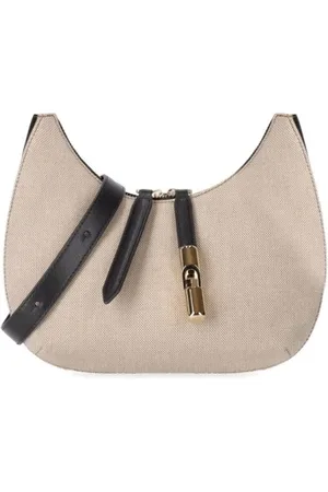 Furla Torebki, Kobieta, Beżowy, ONE SIZE, Bawełna, Płócienna Torba na Ramię ze Skórzanymi Wstawkami