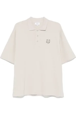Maison Kitsuné Koszulki, Mężczyzna, Beżowy, M, Beżowa koszulka z motywem lisiej głowy i guzikami