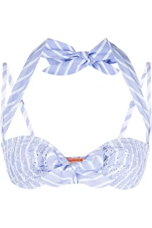 ERMANNO SCERVINO Stroje kąpielowe, Kobieta, Niebieski, S, Bawełna, Błękitno-biały prążkowany top od bikini z haftem angielskim