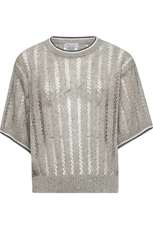Brunello Cucinelli Swetry, Kobieta, Szary, L, Nylon, Pasiasty sweter lniany z cekinami