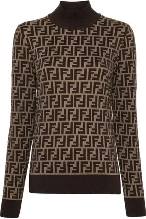 Fendi Swetry, Kobieta, brązowy, XS, Bawełna, Sweter z dzianiny bawełnianej FF z golfem